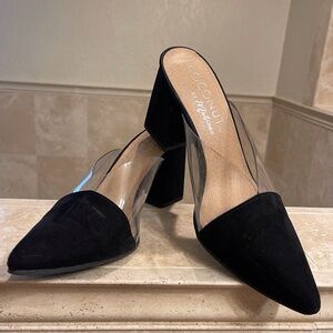 Coconuts by Matisse Black Suede Pointed Clear-Panel Block Heel Mules